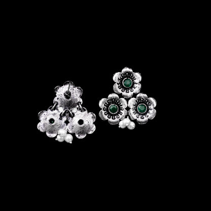 Green Stone Studded Flower Stud Earrings