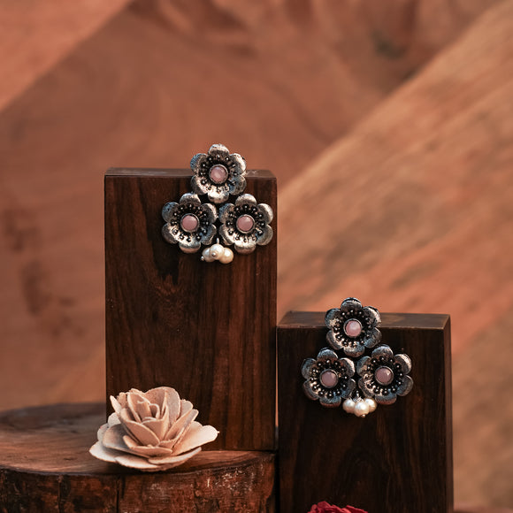 Baby Pink Stone Studded Flower Stud Earrings