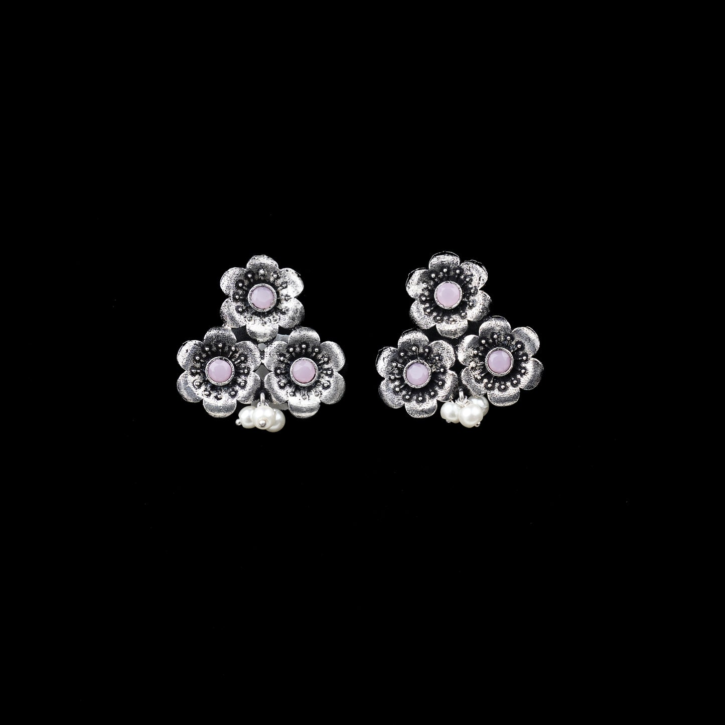 Baby Pink Stone Studded Flower Stud Earrings