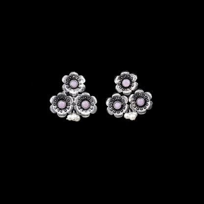 Baby Pink Stone Studded Flower Stud Earrings