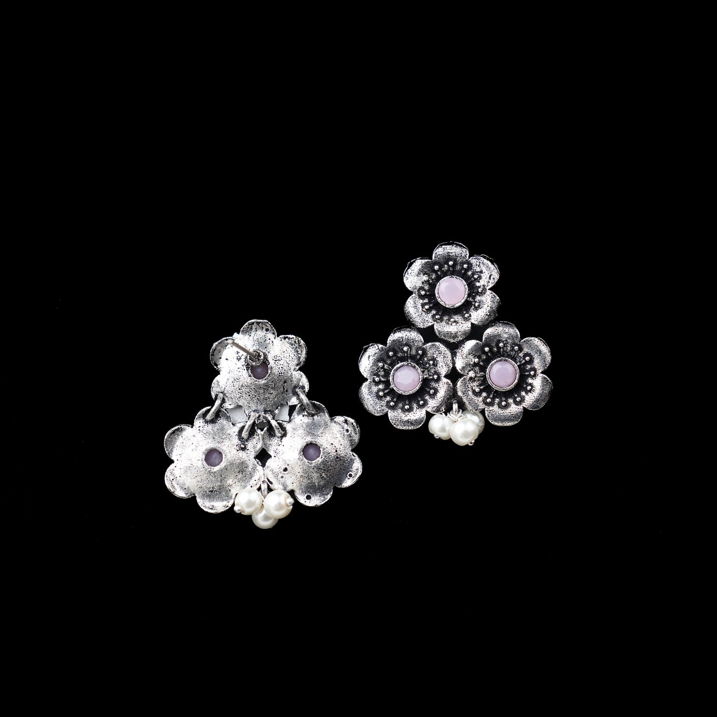 Baby Pink Stone Studded Flower Stud Earrings