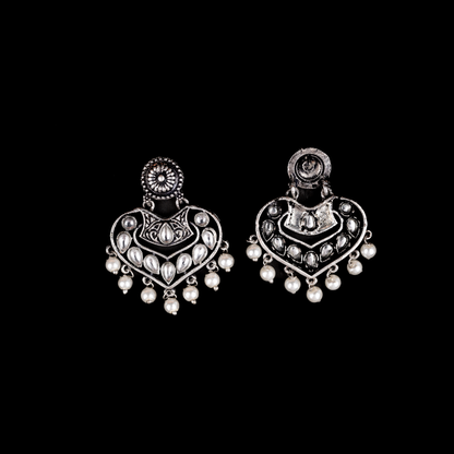 White Stone Studded Heart Shaped Beautiful Earrings With Hanging Pearls