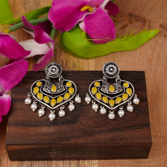Yellow Stone Studded Heart Shaped Beautiful Earrings With Hanging Pearls