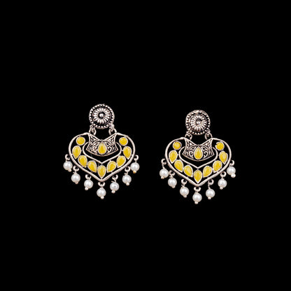 Yellow Stone Studded Heart Shaped Beautiful Earrings With Hanging Pearls