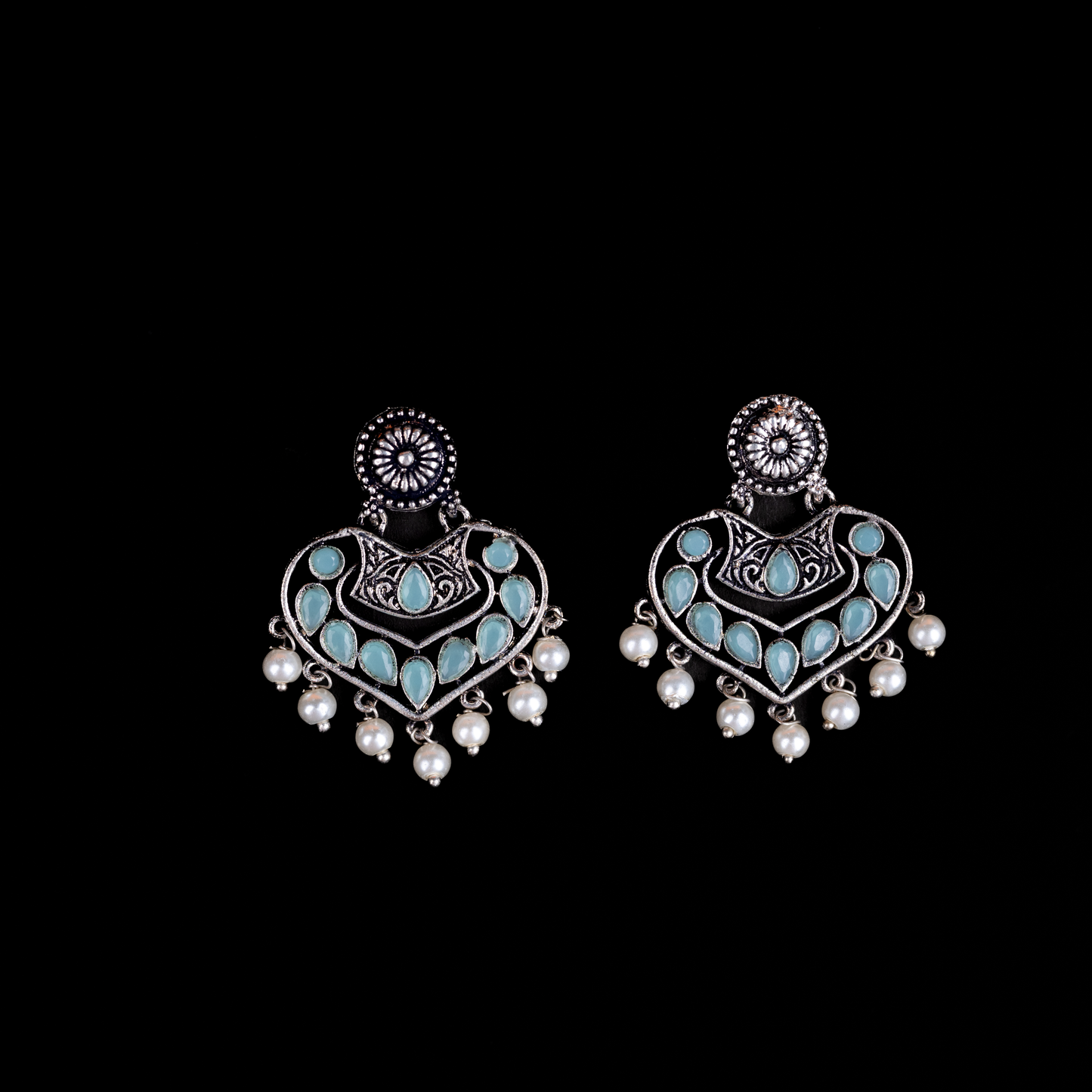 Mint Stone Studded Heart Shaped Beautiful Earrings With Hanging Pearls