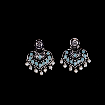 Mint Stone Studded Heart Shaped Beautiful Earrings With Hanging Pearls
