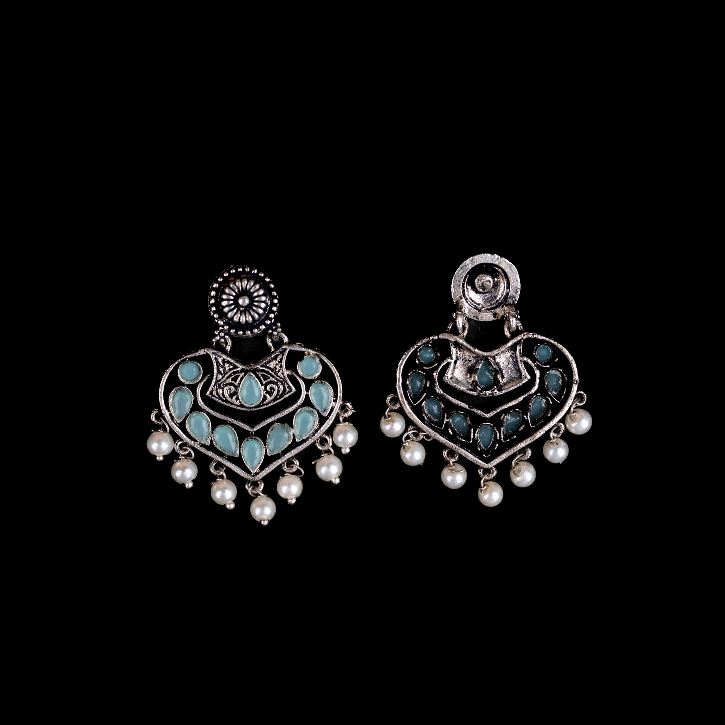 Mint Stone Studded Heart Shaped Beautiful Earrings With Hanging Pearls
