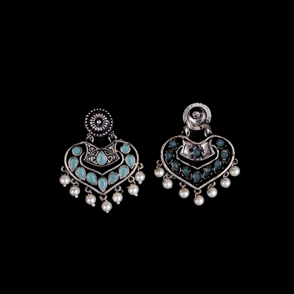 Mint Stone Studded Heart Shaped Beautiful Earrings With Hanging Pearls