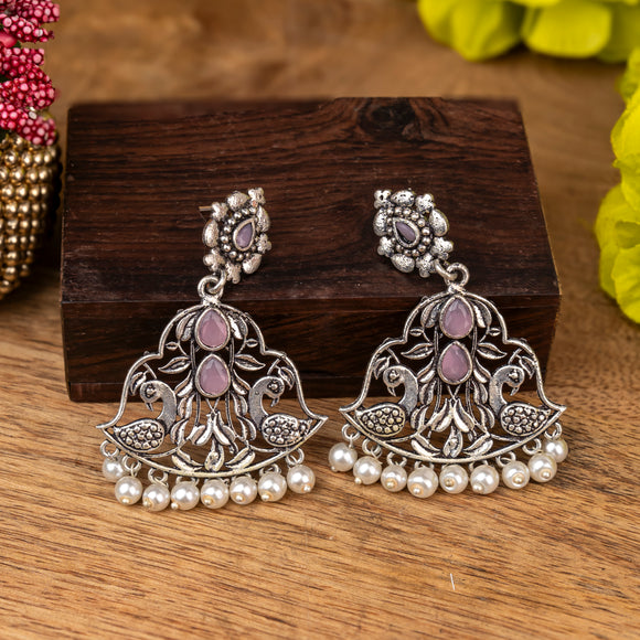 Baby Pink Stone Studded Oxidised Earrings With Hanging Jhumka