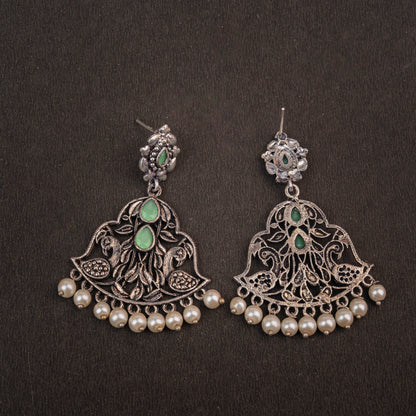 Pista Stone Studded Oxidised Earrings With Hanging Jhumka