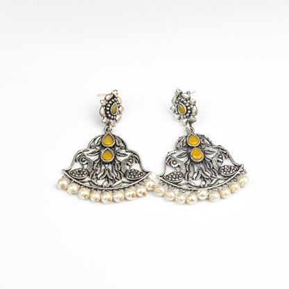 Yellow Stone Studded Oxidised Earrings With Hanging Jhumka