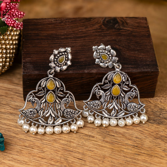 Yellow Stone Studded Oxidised Earrings With Hanging Jhumka