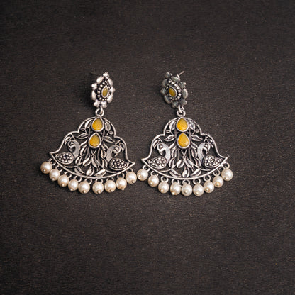 Yellow Stone Studded Oxidised Earrings With Hanging Jhumka