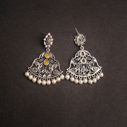 Yellow Stone Studded Oxidised Earrings With Hanging Jhumka