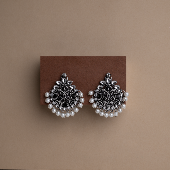 White Stone Studded German Silver Statement Earrings