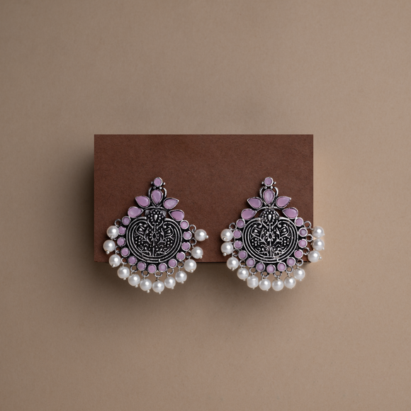 Baby Pink Stone Studded German Silver Statement Earrings