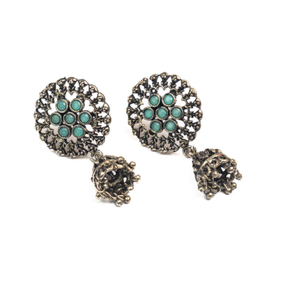 Pista Stone Studded Oxidised Earrings With Hanging Jhumki
