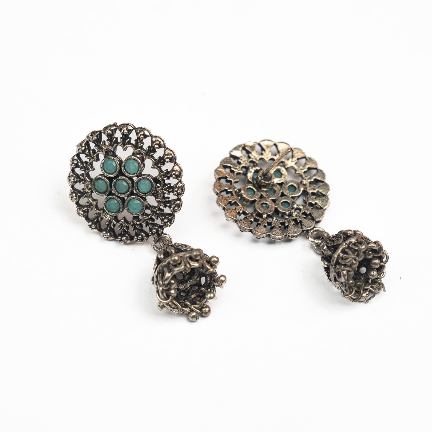 Pista Stone Studded Oxidised Earrings With Hanging Jhumki