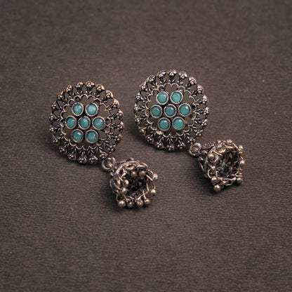 Pista Stone Studded Oxidised Earrings With Hanging Jhumki