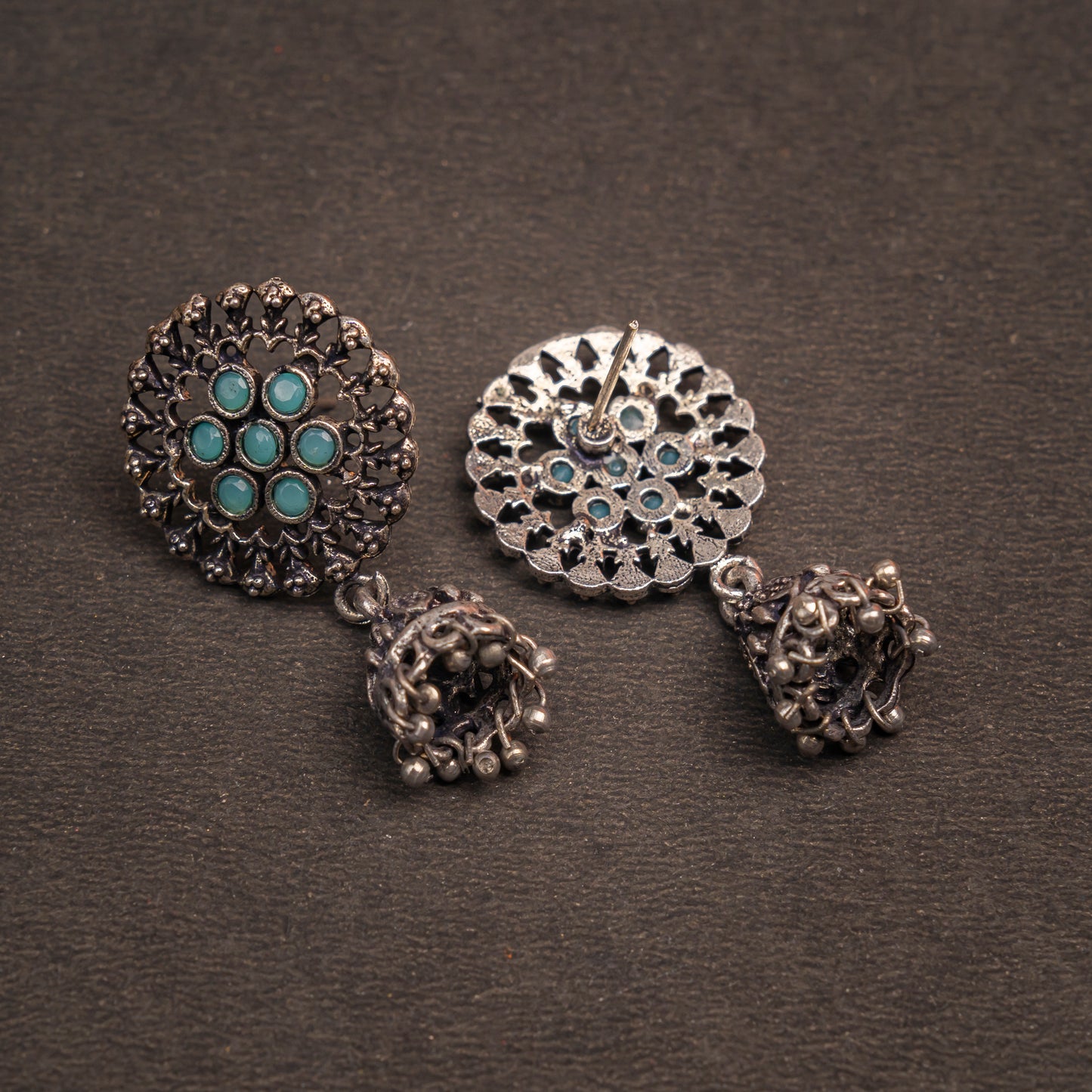 Pista Stone Studded Oxidised Earrings With Hanging Jhumki