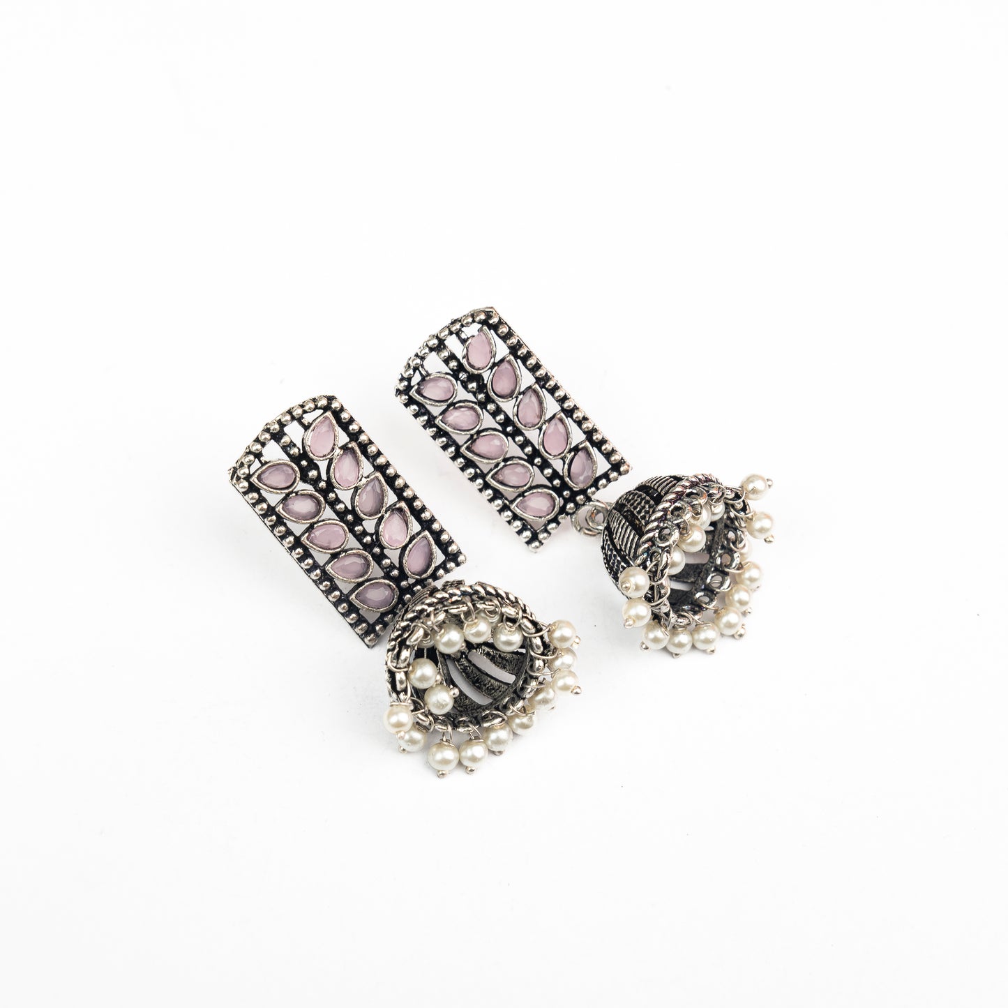 Baby Pink Stone Studded German Silver Statement Earrings With Brass Jhumki
