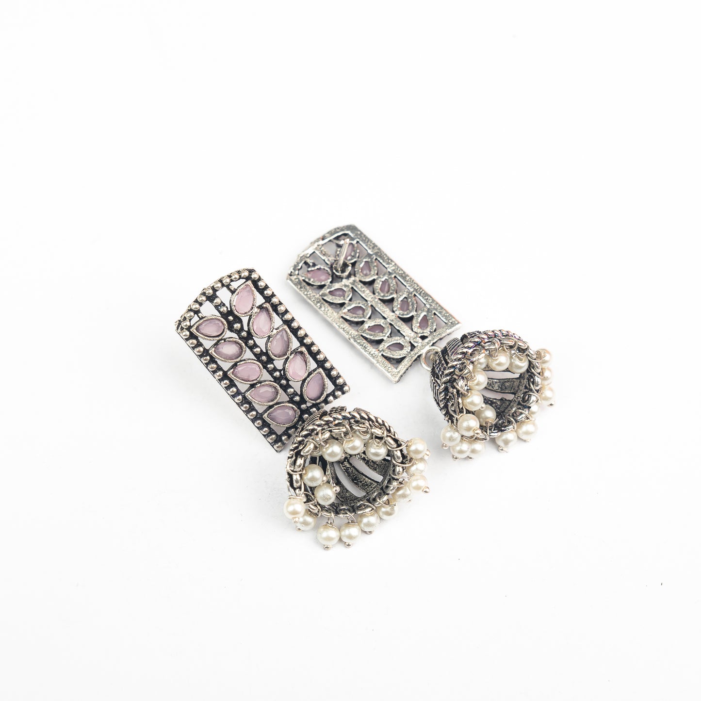 Baby Pink Stone Studded German Silver Statement Earrings With Brass Jhumki