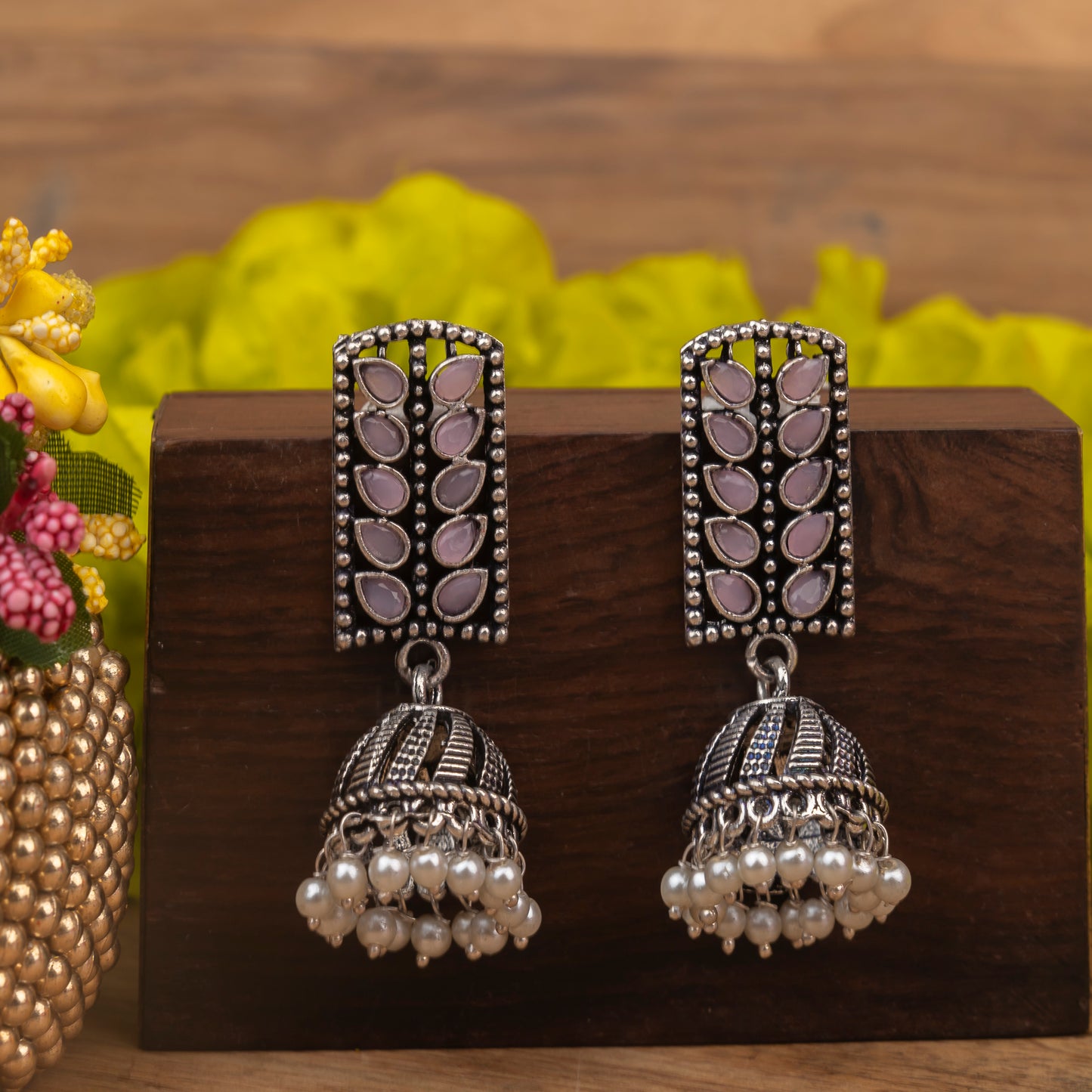 Baby Pink Stone Studded German Silver Statement Earrings With Brass Jhumki