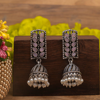 Baby Pink Stone Studded German Silver Statement Earrings With Brass Jhumki