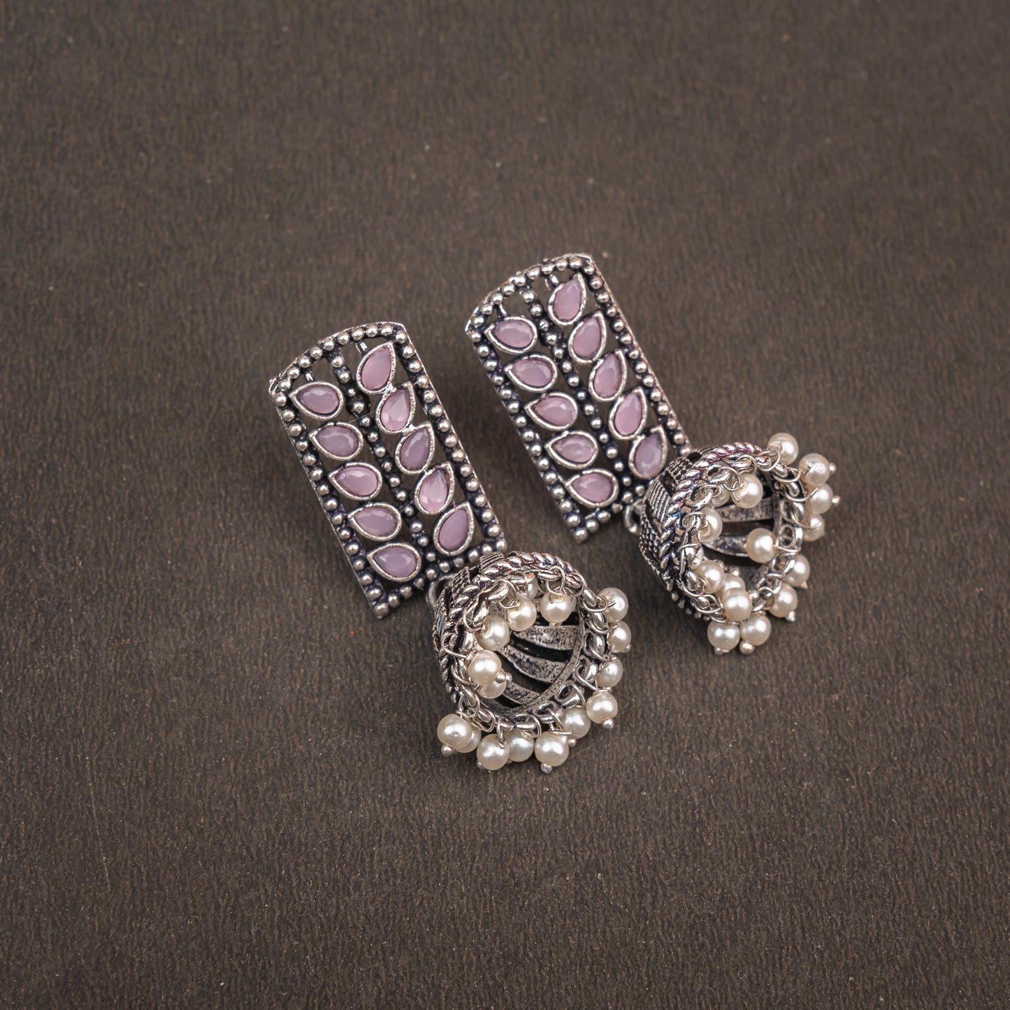 Baby Pink Stone Studded German Silver Statement Earrings With Brass Jhumki