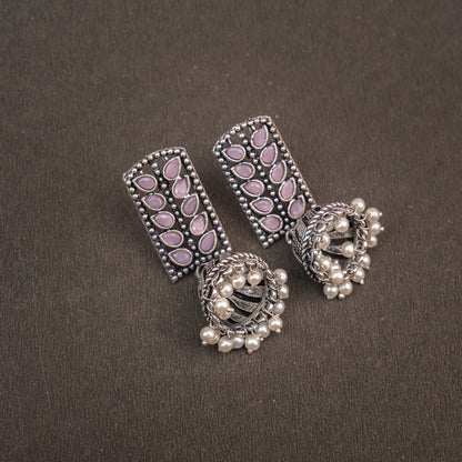 Baby Pink Stone Studded German Silver Statement Earrings With Brass Jhumki