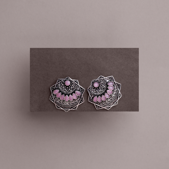 Baby Pink Stone Studded Geometrical German Silver Stud Earrings