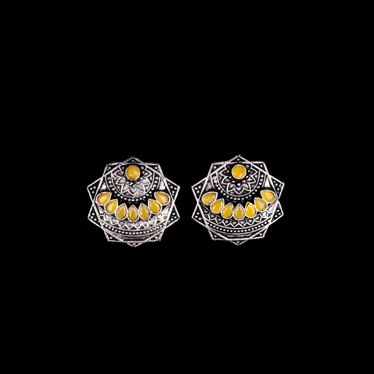 Yellow Stone Studded Geometrical German Silver Stud Earrings