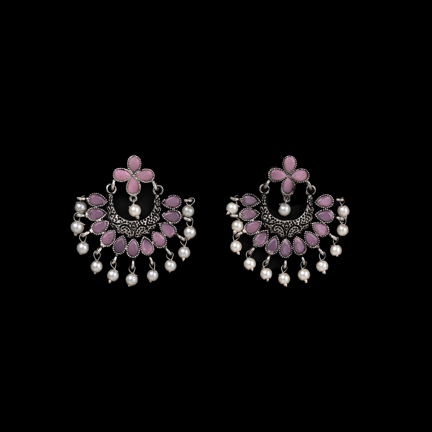 Baby Pink Stone Studded Statement German Silver Dangler Earrings