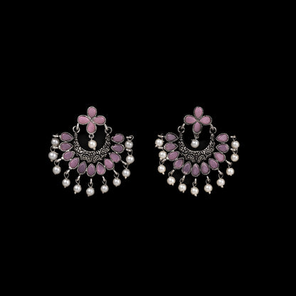 Baby Pink Stone Studded Statement German Silver Dangler Earrings