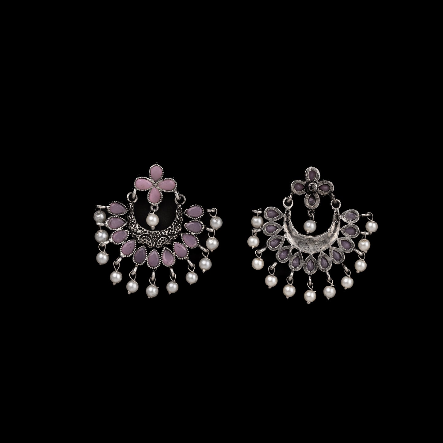 Baby Pink Stone Studded Statement German Silver Dangler Earrings