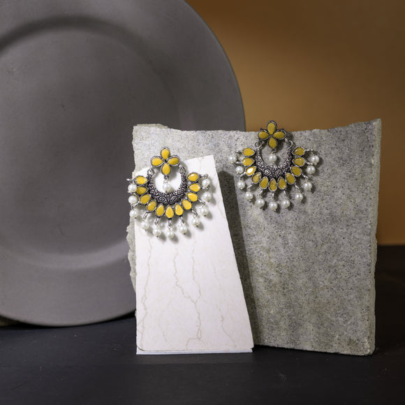 Yellow Stone Studded Statement German Silver Dangler Earrings
