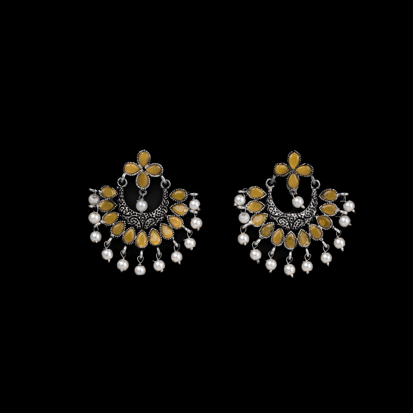 Yellow Stone Studded Statement German Silver Dangler Earrings