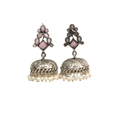 Baby Pink Stone Studded German Silver Dangler Earrings With Brass Jhumki