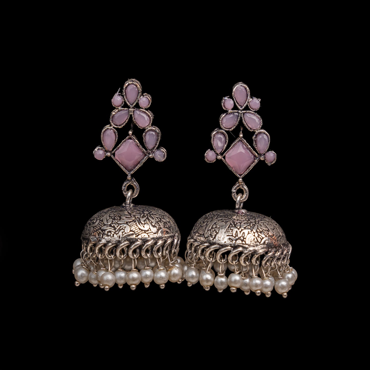Baby Pink Stone Studded German Silver Dangler Earrings With Brass Jhumki