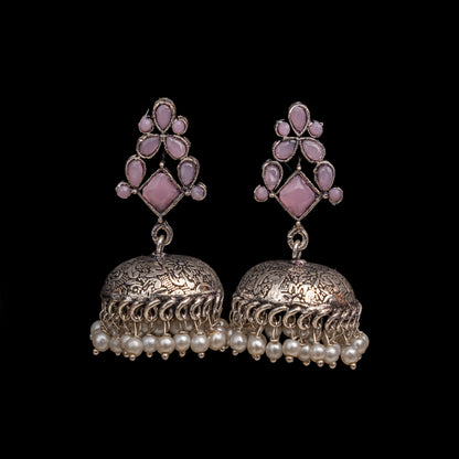 Baby Pink Stone Studded German Silver Dangler Earrings With Brass Jhumki