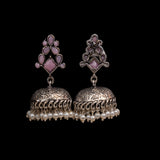 Baby Pink Stone Studded German Silver Dangler Earrings With Brass Jhumki