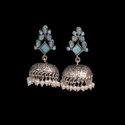 Mint Stone Studded German Silver Dangler Earrings With Brass Jhumki