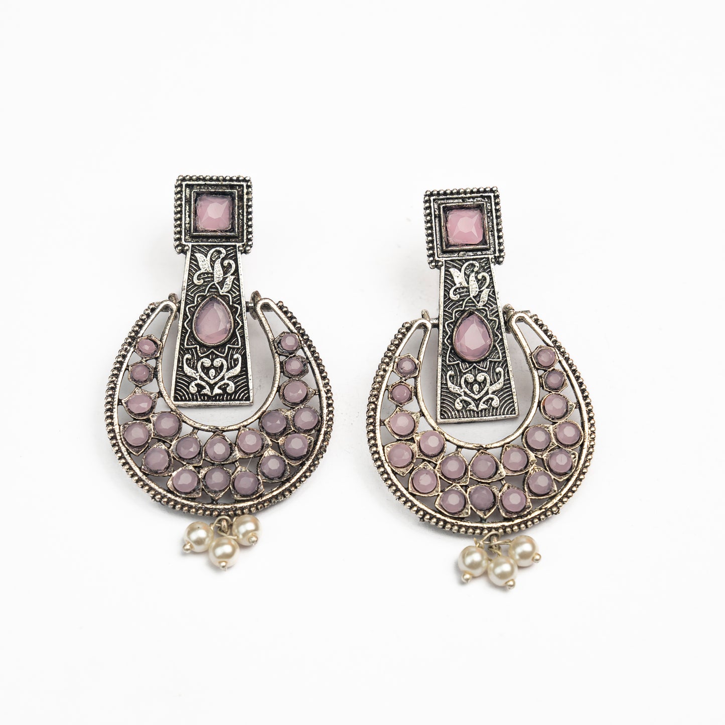Baby Pink Stone Studded Statement German Silver Dangler Earrings