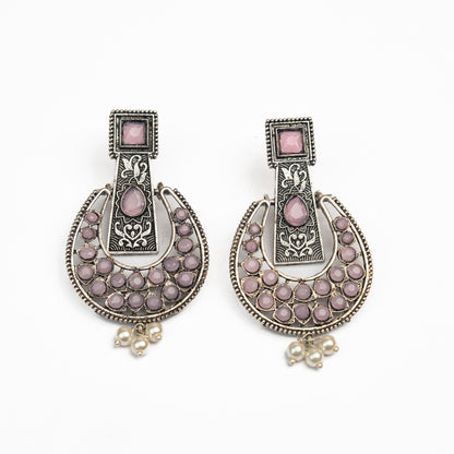 Baby Pink Stone Studded Statement German Silver Dangler Earrings