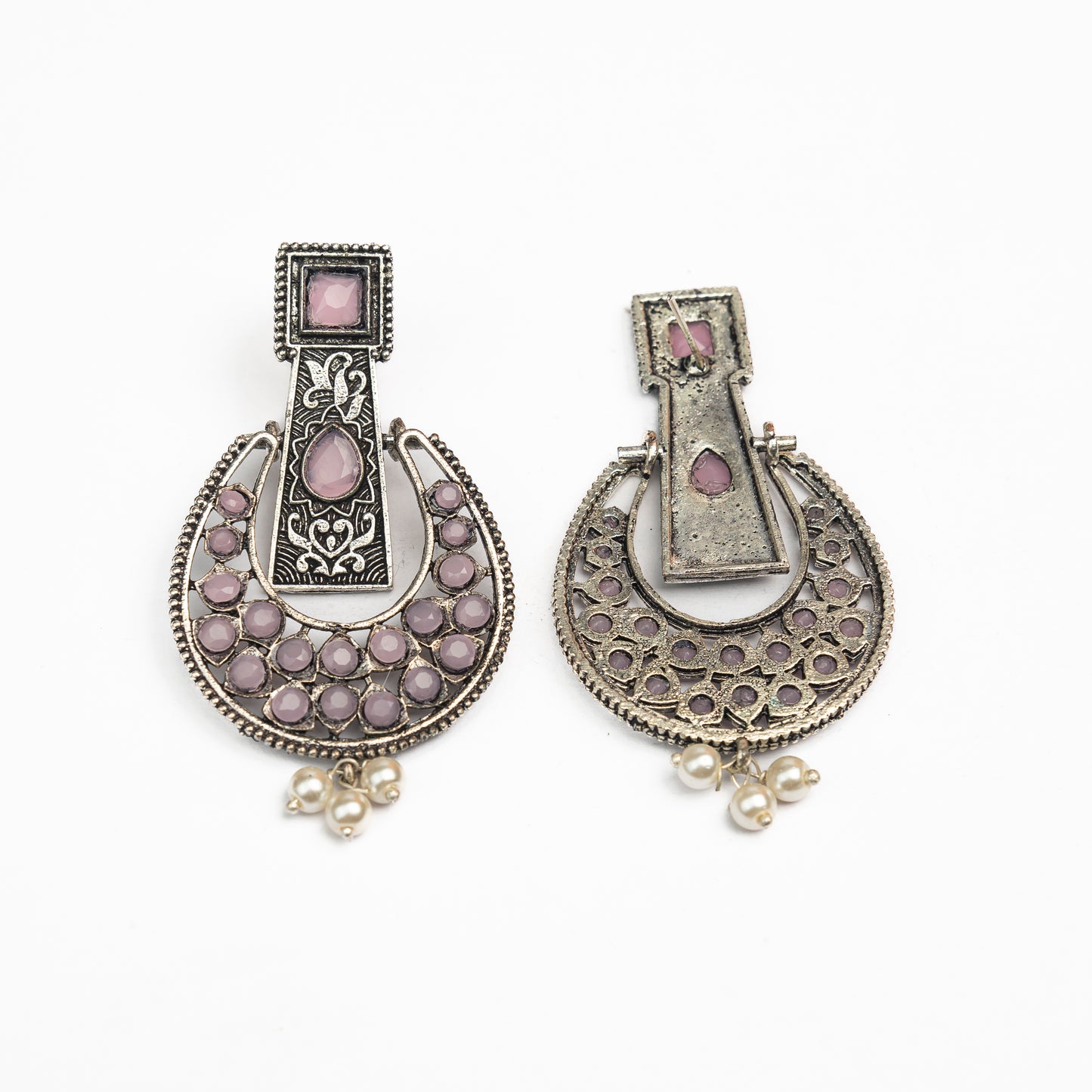Baby Pink Stone Studded Statement German Silver Dangler Earrings