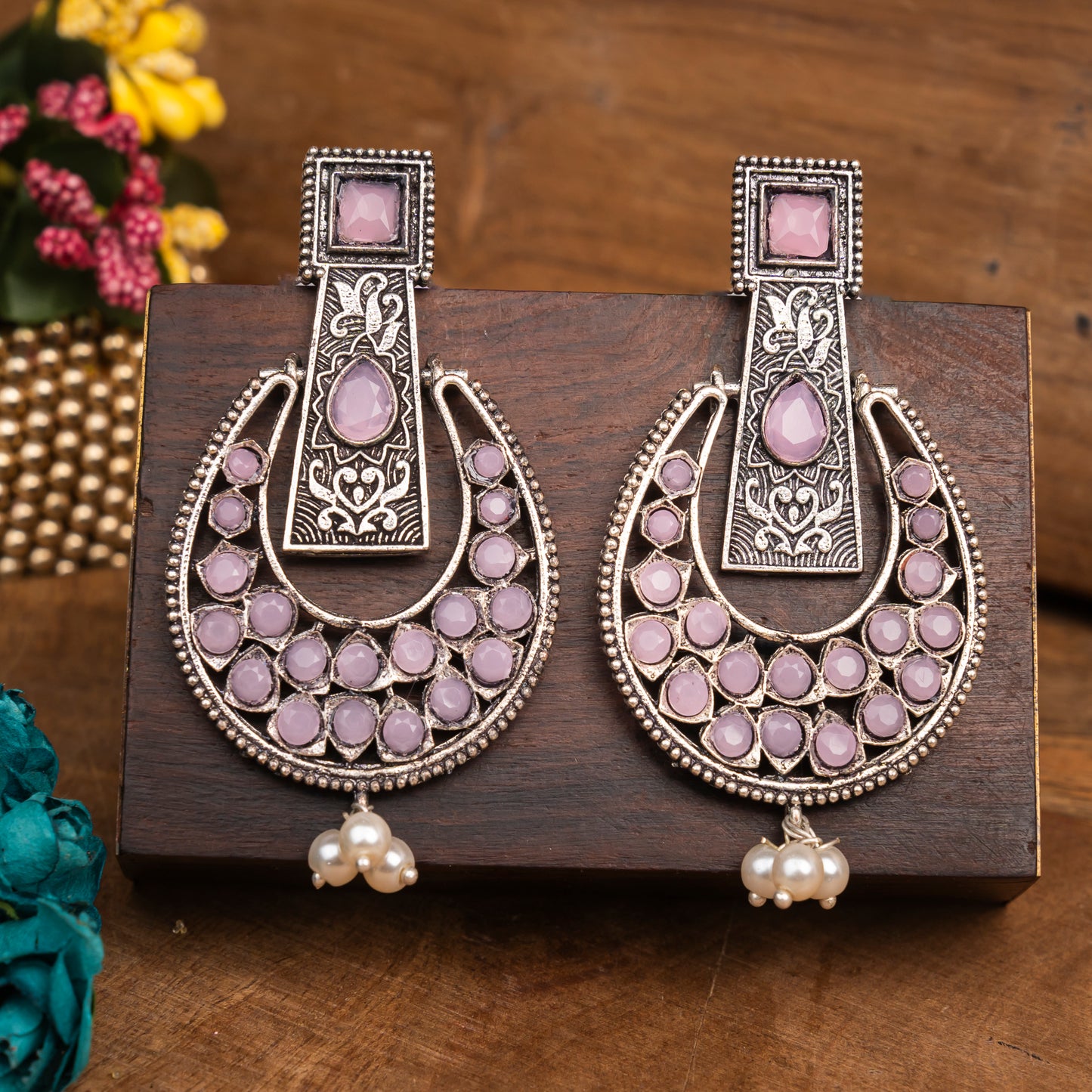 Baby Pink Stone Studded Statement German Silver Dangler Earrings
