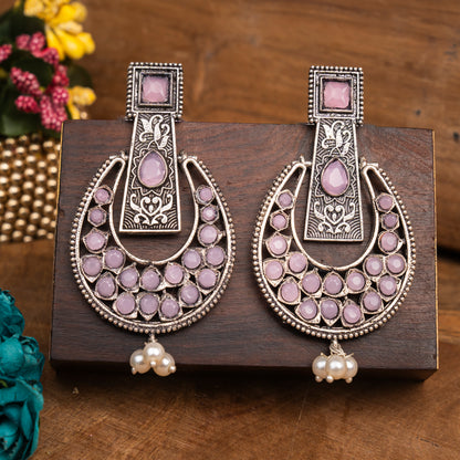 Baby Pink Stone Studded Statement German Silver Dangler Earrings