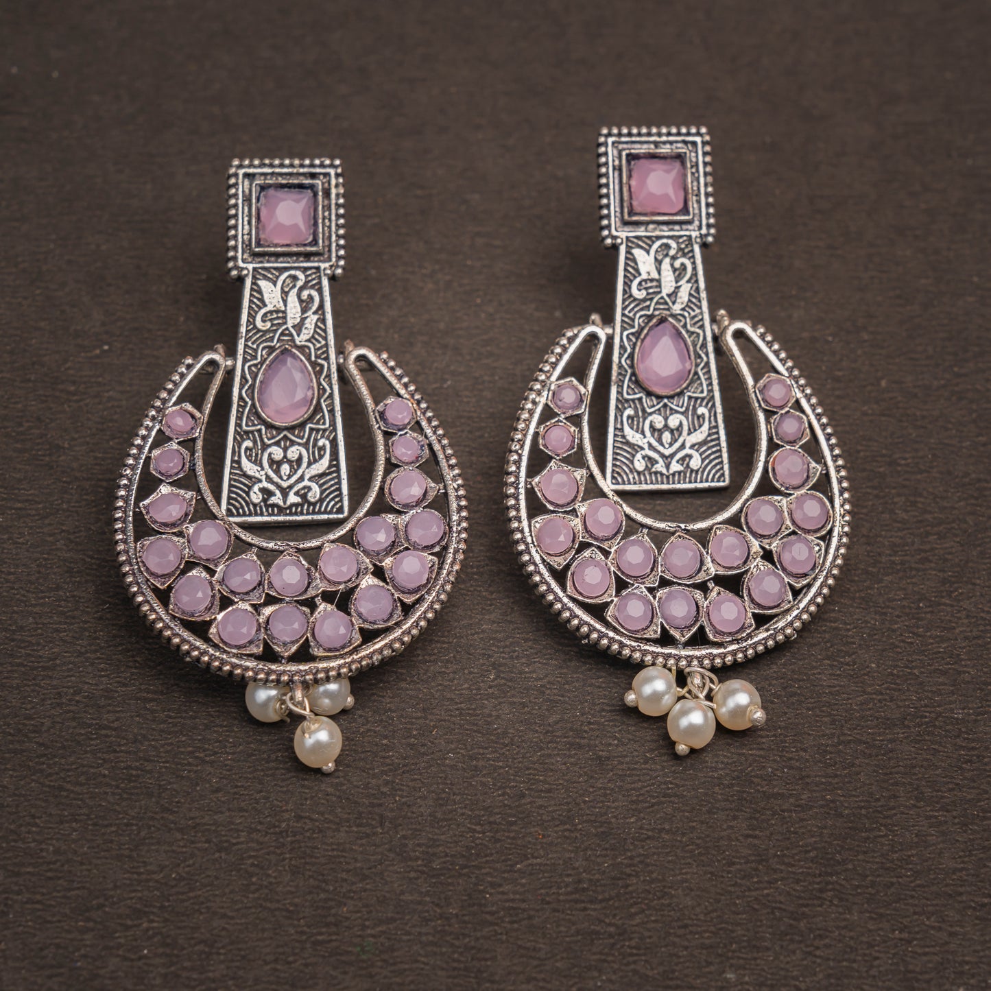 Baby Pink Stone Studded Statement German Silver Dangler Earrings