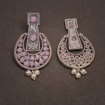 Baby Pink Stone Studded Statement German Silver Dangler Earrings