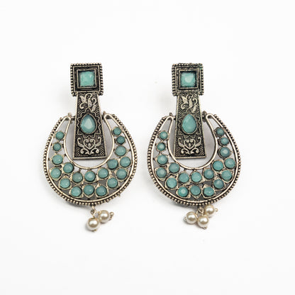 Mint Stone Studded Statement German Silver Dangler Earrings